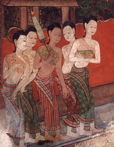 19 वीं सदी के अंत में महिलाओं का एक समूह दिखा रहा विस्तार, (दीवार पेंटिंग) द्वारा थाई स्कूल
