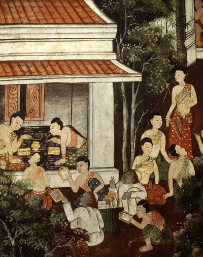 मुस्लिम व्यापारियों से आभूषण और दर्पण खरीदने वाली महल की महिलाएं, रतनकोसिन शैली (दीवार पेंटिंग) द्वारा थाई स्कूल