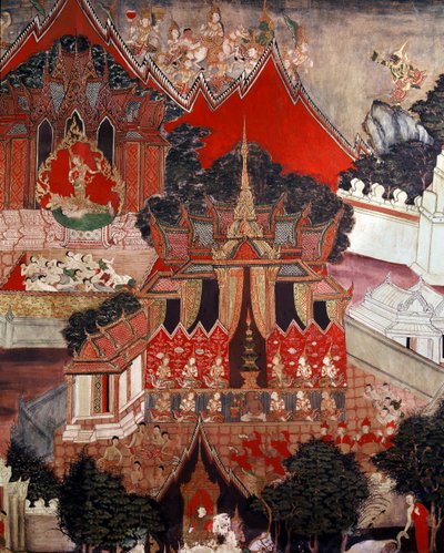 बुद्ध के जीवन के दृश्य, 19 वीं सदी के मध्य (दीवार पेंटिंग) द्वारा थाई स्कूल