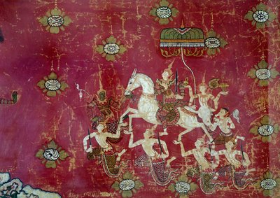 बौद्ध धर्म: "" बुद्ध के जीवन का दृश्य: भव्य प्रस्थान"" थाईलैंड से कैनवास पर एक पेंटिंग का विवरण। सन 1,4x0,9 मीटर पेरिस, मुसी गुइमेट, मुसी नेशनल डेस आर्ट्स एशियाइयों द्वारा थाई थाई