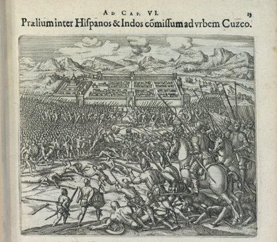 1596 में कुज़्को के द्वार पर स्पेनियों और भारतीयों के बीच लड़ाई द्वारा थिओडोर डी ब्राय
