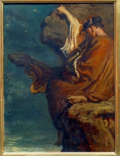 Sapho ग्रीक कवयित्री Sapho (Sappho) (लगभग 600 ईसा पूर्व) एक चट्टान पर बैठी और समुद्र को उदासी के साथ देख रही है। थियोडोर चेसेरियाउ (1819-1856) 1849 सन द्वारा पेंटिंग। 0,27x0,21 मीटर पेरिस, म्यूज़ी डी'ऑर्से द्वारा थियोडोर चेसियारौ