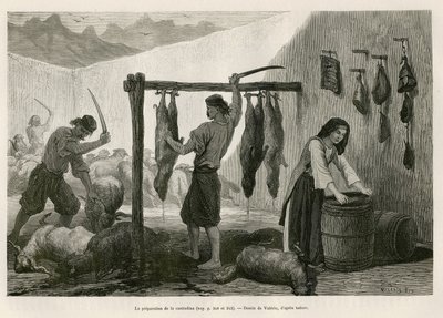 1874 में चार्ल्स द्वारा मोंटेनेग्रो की यात्रा का वर्णन करने के लिए, वैलेरियो द्वारा ड्राइंग, डेलमेटिया (इस्त्रिया और हर्जेगोविन (क्रोएशिया)) में अक्टूबर के अंत में, कैस्ट्राडिना की तैयारी, भेड़ और बकरी के नमकीन और बुकेनी के मांस की विशेषता, चार्ल्स द्वारा  द्वारा थियोडोर वेलेरियो