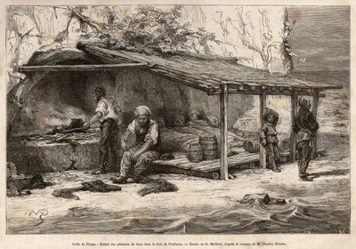 प्रोलुक्का की खाड़ी में एक टूना फिशिंग लॉज, गल्फ ऑफ फ्यूम (या रिजेका, इस्त्रिया), तीन मछुआरे अभी भी सो रहे हैं, कंबल में लिपटे हुए हैं, दूसरा लुकआउट को लैस और बदल देगा, दूसरा किचन तैयार करेगा और मॉस भटक जाएगा पैर ओ द्वारा थिओडोर वेबर