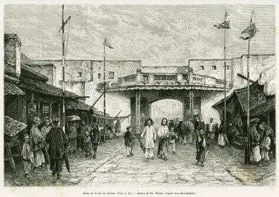 हनोई में कैंटन स्ट्रीट गेट। थ की नक्काशी वेबर, एक तस्वीर से, एडौर्ड चार्टन (1807-1890), हैचेट, पेरिस के निर्देशन में, टूर डू मोंडे 1889 में, डॉक्टर हॉक्क्वार्ड द्वारा 1884 में ट्रेंटे मोइस औ टोनकिन की कहानी को चित्रित करने के लिए। द्वारा थिओडोर वेबर