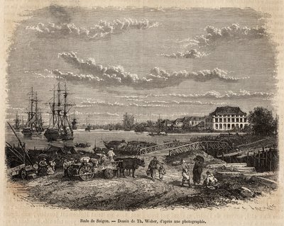 ला राडे डी साइगॉन, टी. वेबर की एक ड्राइंग के बाद उत्कीर्णन, 1872 में डॉक्टर मोरिस द्वारा कोचीन की यात्रा का चित्रण, एडौर्ड चार्टन, हैचेट संस्करण, पेरिस द्वारा संपादित 1875 में "ले टूर डू मोंडे"" 1875 में प्रकाशित हुआ। सेल्वा संग्रह। द्वारा थिओडोर वेबर