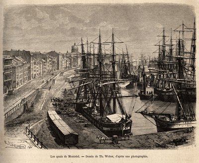 लेस क्वाइस डी मॉन्ट्रियल, थ द्वारा एक ड्राइंग के बाद उत्कीर्णन। वेबर, 1873 में एच. डी लैमोटे द्वारा कनाडा और रिविएर रूज डू नॉर्ड के भ्रमण का चित्रण करते हुए, एडौर्ड चार्टन, हैचेट संस्करण, पेरिस द्वारा संपादित, "ले टूर डू मोंडे""" 1875 म द्वारा थिओडोर वेबर
