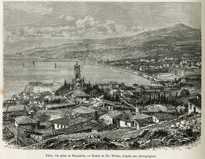 मस्संद्रा से लिया गया याल्टा शहर, जिसे थ वेबर द्वारा चित्रित किया गया था, 1876 में रूस में चार महीने की कहानी को चित्रित करने के लिए, एफ। डी मेली द्वारा। ले टूर डू मोंडे में उत्कीर्णन द्वारा थिओडोर वेबर