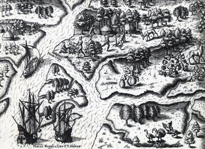 1564 में पोर्ट रॉयल में फ्रेंच का आगमन, थियोडोर डी ब्राय (1528-1598) द्वारा जैक्स ले मोयने डे मुर्गेस (सीए 1533 - 1588 से पहले) की पेंटिंग से, उत्कीर्णन द्वारा थियोडोर डी ब्राय