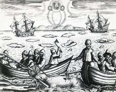 1596 में नॉर्थईस्ट पैसेज की तलाश में विलियम बैरेंट्स (सीए 1550-1597) के नेतृत्व में तीसरे अभियान के दौरान ऑरोरा बोरेलिस और सफेद भालू का शिकार, थियोडोर डी ब्राय (1528-1598) द्वारा, उत्कीर्णन द्वारा थियोडोर डी ब्राय