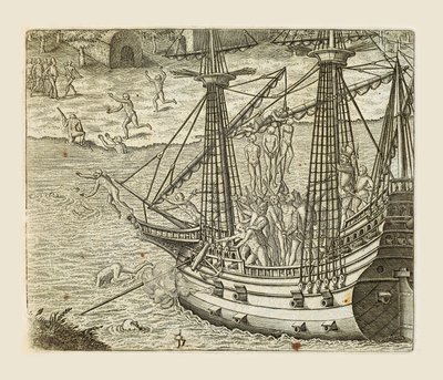 अमेरिका से थियोडोर डी ब्राय (1528-1598) द्वारा उकेरी गई कुछ भारतीयों को कारवेल पर लटकाते हुए बार्टोलोमो डियाज़ द्वारा थियोडोर डी ब्राय