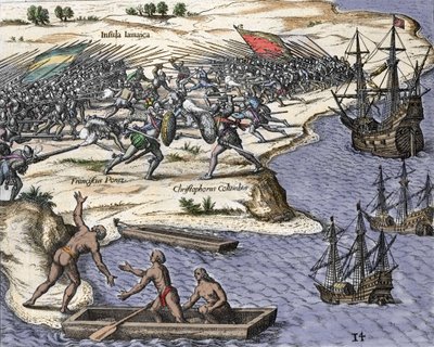 1502-1504 में क्रिस्टोफर कोलंबस की जमैका की चौथी यात्रा: फ्रांसिस्को पोराज़ के खिलाफ लड़ाई। थियोडोर डी ब्राय (1527-1598), एम्स्टर्डम 1594 द्वारा "हिस्टोरिया अमेरिका सिव नोवी ऑर्बिस" से उत्कीर्णन। द्वारा थियोडोर डी ब्राय