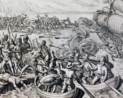 थियोडोर डी ब्राय (1528-1598), फ्रैंकफर्ट द्वारा हिस्टोरिया अमेरिका से उत्कीर्ण मूल भारतीयों और स्पेनिश सैनिकों के बीच संघर्ष द्वारा थियोडोर डी ब्राय