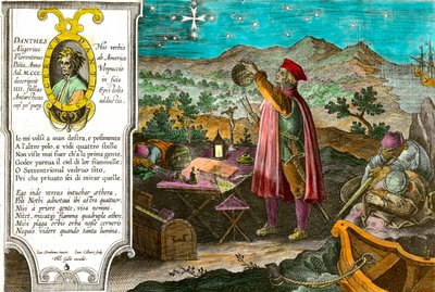 अमेरिका का इतिहास: अमेरिगो वेस्पुची (अमेरिका वेस्पुसियस) (1451/1454-1512), इतालवी व्यापारी और नाविक दक्षिणी क्रॉस को मापने के लिए अपने एस्ट्रोलैब का उपयोग करते हैं। इतालवी कवि दांते अलीघिएरी (1265-1321) का बायां चित्र और थू के पहले गीत का एक अंश द्वारा थियोडोर डी ब्राय