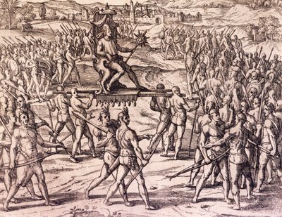 इंका सम्राट अताहुल्पा ने फ्रांसिस्को पिजारो (1475-सीए 1541) स्पेनिश सैनिकों, पेरू से हराया, अमेरिकी इतिहास से उत्कीर्णन द्वारा थियोडोर डी ब्राय (1528-1598), फ्रैंकफर्ट द्वारा थियोडोर डी ब्राय