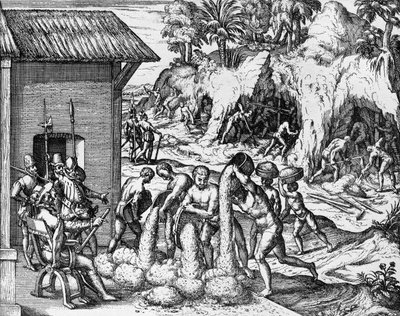 मध्य और दक्षिण अमेरिका में खनिजों के लिए खनन, थियोडोर डी ब्राय (1561-1623) द्वारा अमेरिका पार्स वी से उत्कीर्णन द्वारा थियोडोर डी ब्राय