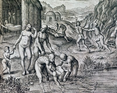 थिओडोर डी ब्राय (1528-1598), फ्रैंकफर्ट द्वारा हिस्टोरिया अमेरिका से उत्कीर्णन, रोग के खिलाफ मूल निवासियों द्वारा उपयोग किए जाने वाले उपचार द्वारा थियोडोर डी ब्राय