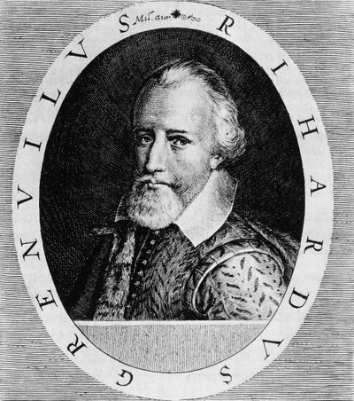 सर रिचर्ड ग्रेनेविले (c.1541-91), जोहान लुडविग गॉटफ्राइड की &39;न्यूवे वर्ल्ड एंड अमेरिकन हिस्ट्री&39; से, मैटेअस मेरियन, फ्रैंकफर्ट, 1631 द्वारा प्रकाशित द्वारा थियोडोर डी ब्राय