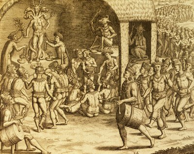 दक्षिण अमेरिकी स्वदेशी धार्मिक संस्कार, थियोडोर डी ब्राय (1528-1598), फ्रैंकफर्ट द्वारा हिस्टोरिया अमेरिका से उत्कीर्ण द्वारा थियोडोर डी ब्राय