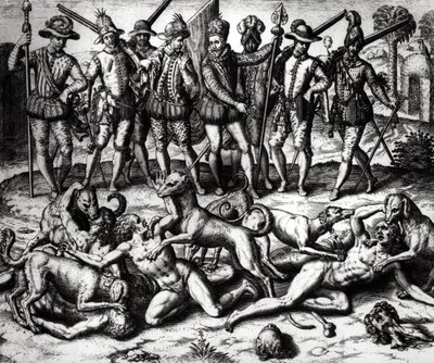 वास्को नुनेज़ डी बलबोआ (1475-1571) के कुत्तों ने भारतीयों पर हमला किया द्वारा थियोडोर डी ब्राय