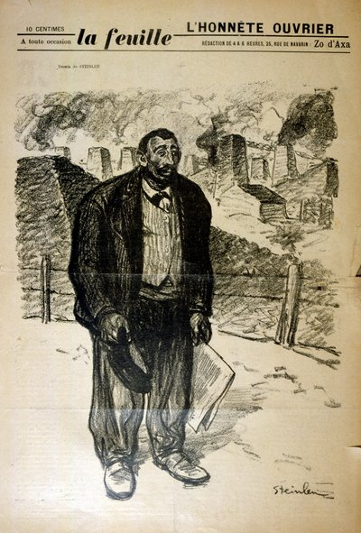 अलेक्जेंड्रे स्टीनलेन (1859-1923), स्विस में जन्मे फ्रांसीसी आर्ट नोव्यू चित्रकार और प्रिंटमेकर द्वारा, एक औद्योगिक परिदृश्य के खिलाफ एक गरीब कारखाने के कर्मचारी का चित्रण द्वारा थियोफाइल एलेक्जेंडर स्टीनलेन