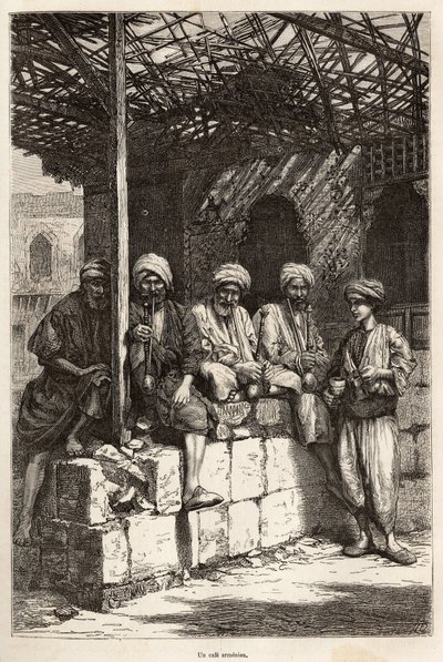 एक अर्मेनियाई कैफे, मर्दानगी का एक स्थान, कॉफी पीने और पाइप धूम्रपान करने के लिए, लेखक द्वारा एक चित्र के बाद उत्कीर्णन, थियोफाइल डेरोल्स द्वारा 1869 में, "ले टूर डू मोंडे" में प्रकाशित, लाज़िस्तान और आर्मेनिया में यात्रा का चित्रण। ""  द्वारा थियोफाइल लुई डायरोल
