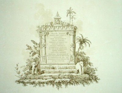 थॉमस (1749-1840) और विलियम (1769-1837) डेनियल द्वारा उकेरी गई 'ओरिएंटल सीनरी: ट्वेंटी फोर व्यूज़ इन हिंदुस्तान' का फ्रंटिसपीस द्वारा थॉमस (बाद में) डेनिएल