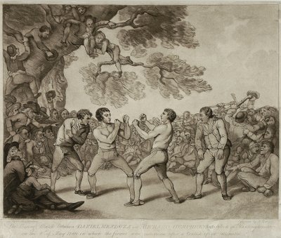 6 मई 1789 को स्टिल्टन, हंटिंगडनशायर में डैनियल मेंडोज़ा और रिचर्ड हम्फ्रीज़ के बीच बॉक्सिंग मैच, जोसेफ ग्रोज़र द्वारा उकेरा गया (c.1755-99) (उत्कीर्णन) द्वारा थॉमस (बाद में) रोलैंडसन