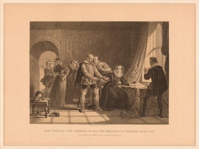 मैरी क्वीन ऑफ़ स्कॉट्स लोक्लेवेन कैसल, 1567, 1878 में अपने अब्दिकेशन पर हस्ताक्षर करने के लिए मजबूर द्वारा थॉमस ब्राउन