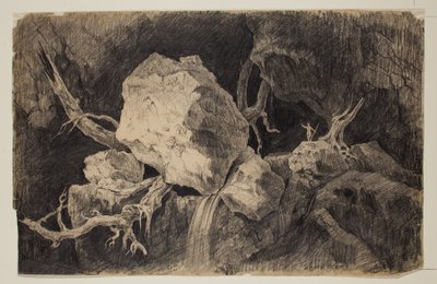 रॉक एंड वॉटरफॉल के पास गुफा में हंटर स्टैंडिंग, c.1828 (ग्रेफाइट पेंसिल) द्वारा थॉमस कोल