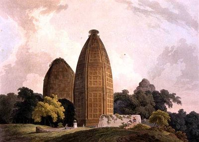 'ओरिएंटल सीनरी: ट्वेंटी फोर व्यूज़ इन हिंदुस्तान' से, जमना नदी पर बिंद्रापुंड में हिंदू मंदिर द्वारा थॉमस डेनिएल