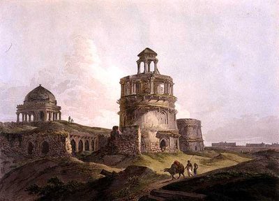 'ओरिएंटल सीनरी: ट्वेंटी फोर व्यूज़ इन हिंदुस्तान' से दिल्ली के फिरोज शाह के कोटिला के पास एक प्राचीन इमारत के अवशेष द्वारा थॉमस डेनिएल