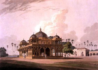 'ओरिएंटल सीनरी: ट्वेंटी फोर व्यूज़ इन हिंदोस्तान' से, सोने नदी पर मोनाह में मुकदूम शाह डोलुत का मकबरा द्वारा थॉमस डेनिएल