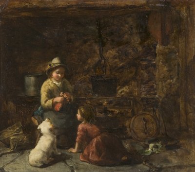दो बच्चों के साथ कॉटेज इंटीरियर, c.1850 (कार्डबोर्ड पर तेल) द्वारा थॉमस फ़ेड