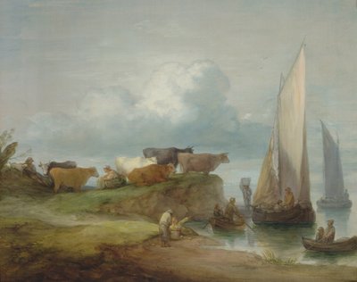 सेलिंग बोट्स के साथ एक रिवर बैंक पर मवेशी द्वारा Thomas Gainsborough