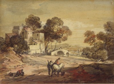 एक घुमावदार सड़क पर यात्रियों के साथ इटालियन लैंडस्केप, 1775-1779 द्वारा थॉमस गेन्सबोरो