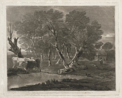 1797 में प्रकाशित एक पूल, आंकड़े और कॉटेज के पास गायों के साथ वुडन लैंडस्केप। द्वारा थॉमस गेन्सबोरो
