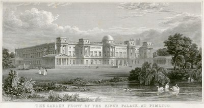 पिमलिको में द गार्डन फ्रंट ऑफ़ द किंग्स पैलेस एट बकिंघम पैलेस, लंदन, 1829 द्वारा थॉमस हिघम