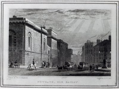 न्यूगेट जेल और ओल्ड बेली, रॉबर्ट एकॉन द्वारा उत्कीर्ण, 1831 द्वारा थॉमस होसमर शेफर्ड