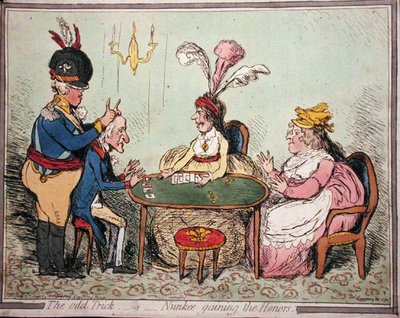 द ऑड ट्रिक, या ननकी गेनिंग द ऑनर्स, हन्ना हम्फ्री द्वारा 1796 में प्रकाशित (हाथ से रंगी हुई नक़्क़ाशी) द्वारा थॉमस हम्फ्री