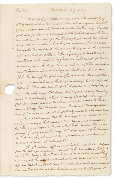 जॉन पेज, फिलाडेल्फिया को ऑटोग्राफ पत्र, 30 जुलाई 1776 द्वारा थॉमस जेफरसन