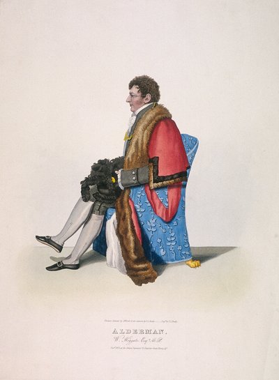 एल्डरमैन सर विलियम हेगेट, 1825 में बागे और टोपी दिखाते हुए और सिविक पोशाक में बैठे द्वारा थॉमस लॉर्ड बुस्बी