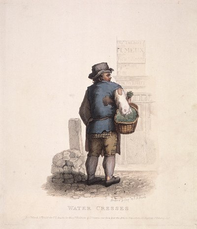 जलकुंभी बेचने वाला अपनी बांह पर टोकरी के साथ, 1820 द्वारा थॉमस लॉर्ड बुस्बी