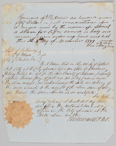 जेरोम बी. एनिस को डेनियल नाम के एक व्यक्ति के लिए बिक्री का बिल, 1 नवंबर, 1851। द्वारा थॉमस मेयू