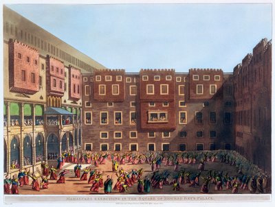 मामेलुकेस मौराड बे पैलेस के स्क्वायर में व्यायाम करते हुए, काहिरा, मिस्र, 1802 द्वारा थॉमस मिल्टन