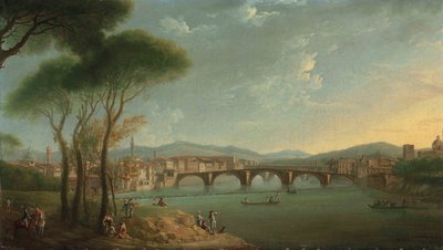 Arno का एक दृश्य, फ्लोरेंस, कैसिन गार्डन से, मछली पकड़ने के आंकड़े और अग्रभूमि में चट्टानों पर आराम करने के साथ, पोंटे अल्ला कैरीटा और पोंटे वेचियो से परे द्वारा थॉमस पैच