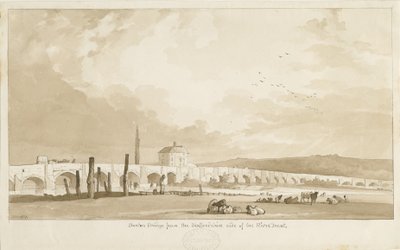 बर्टन-ऑन-ट्रेंट ब्रिज एंड टाउन: सीपिया ड्राइंग, 1837 द्वारा थॉमस पेप्लो लकड़ी