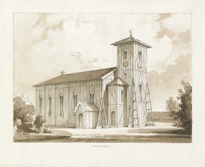 एट्टिंग्सहॉल चर्च: सीपिया वॉश ड्राइंग, 1841 द्वारा थॉमस पेप्लो लकड़ी