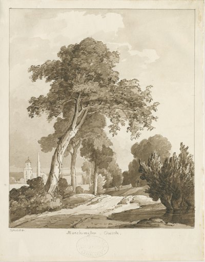 मार्चिंगटन चर्च: सेपिया वॉश ड्राइंग, 1836 द्वारा थॉमस पेप्लो लकड़ी