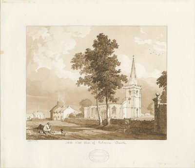 रोलस्टोन चर्च: रेड-सेपिया ड्राइंग, 1836 द्वारा थॉमस पेप्लो लकड़ी